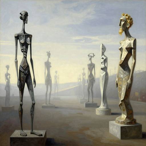 Photograph-style painting of a museum gallery with seven abstract, minimalist statues in varying poses and metallic finishes, illuminated by soft, diffused light.
