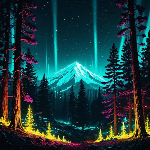 Neon Glowing Mountain Forest at Night