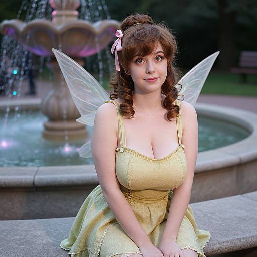 Photograph of a fair-skinned, curly-haired woman with large breasts, wearing a yellow dress and fairy wings, sitting by a fountain.