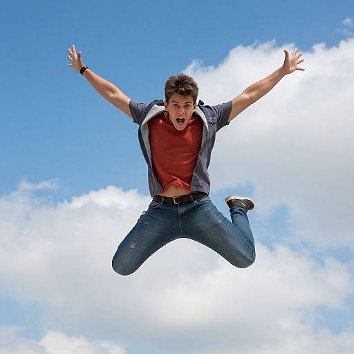 Photograph of a young man with short brown hair, wearing a red shirt, blue jeans, and a gray jacket, jumping joyfully against a bright