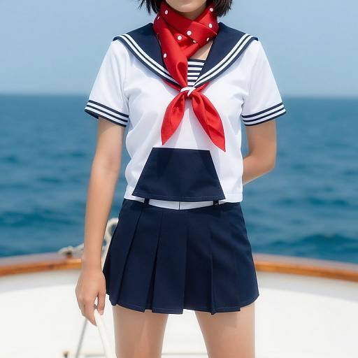 Photograph of an Asian girl in a white sailor uniform with red scarf, black pleated skirt, standing on a boat by the ocean.