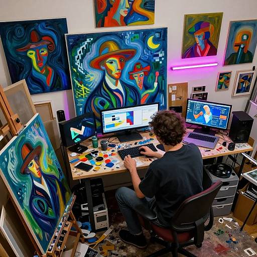 Photograph of a curly-haired artist in a black shirt, painting digitally at a cluttered desk, surrounded by vibrant, expressionist-style paintings. Neon