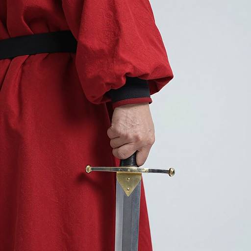 Photograph of a person's hand gripping a sword's hilt, wearing a red robe with a black belt, against a white background.