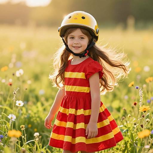 Photograph of a smiling young girl with long brown hair, wearing a yellow helmet and red-yellow striped dress, standing in a sunlit meadow of