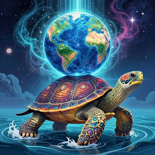 Digital art of a colorful, patterned turtle with a globe on its back, emerging from water under a starry, cosmic sky.