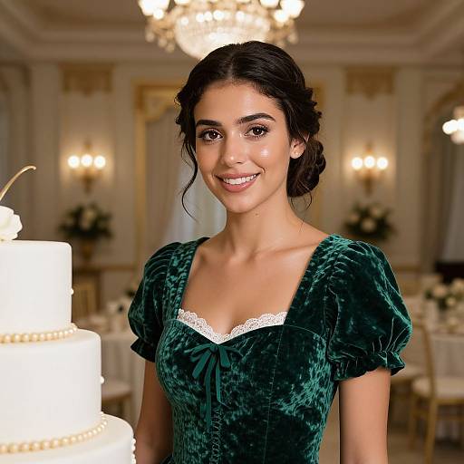 Photograph of a smiling young woman with dark hair in a green velvet dress with white lace trim, standing in an elegant, warmly-lit ballroom