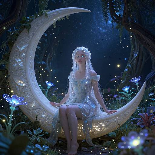 Fantasy photograph of a fairy-like woman in a glowing blue dress, sitting on an ornate white crescent moon, surrounded by ethereal blue flowers