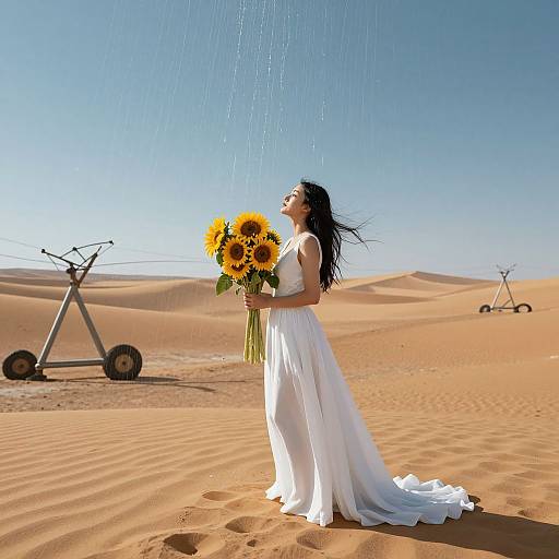 Photograph of a woman in a white, flowing dress holding sunflowers, standing in a desert under falling water, with irrigation equipment in the background.