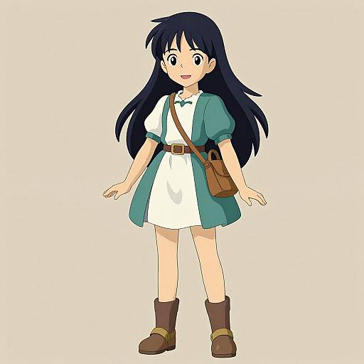 Anime-style digital drawing of a young girl with long black hair, wearing a white dress, green cardigan, brown boots, and a brown satch
