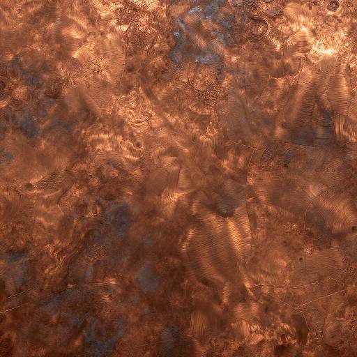 Abstract digital art with a textured, swirling pattern in warm, orange-brown hues, resembling a fiery, metallic surface with intricate, feather-like details.