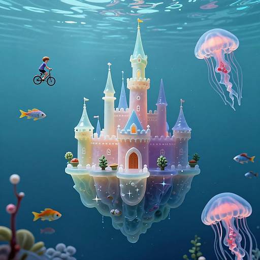 Digital artwork of a glowing, floating castle surrounded by jellyfish, fish, and a child on a bicycle underwater. Vibrant colors, whimsical fantasy