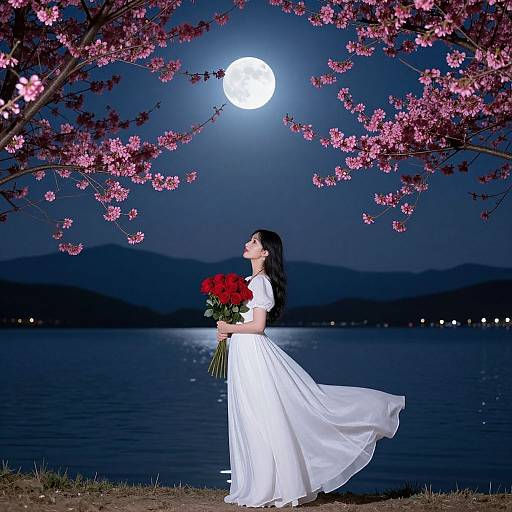 Photograph of a woman in a flowing white dress holding red roses under a full moon, surrounded by pink cherry blossoms and a calm lake at night