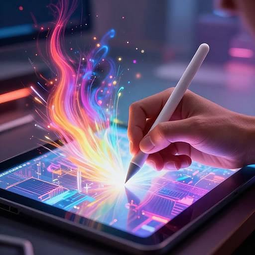 Photograph of a hand holding a white stylus, sparking vibrant, colorful digital flames on a glowing tablet screen.