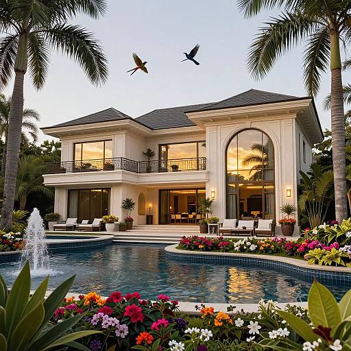 Luxurious two-story mansion with arched windows, pool with fountain, colorful flower beds, palm trees, and birds flying overhead at dusk.
