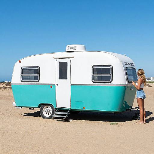 Photograph of a retro turquoise and white vintage trailer parked in a sandy desert under a clear blue sky, with a blonde woman in a blue bikini and