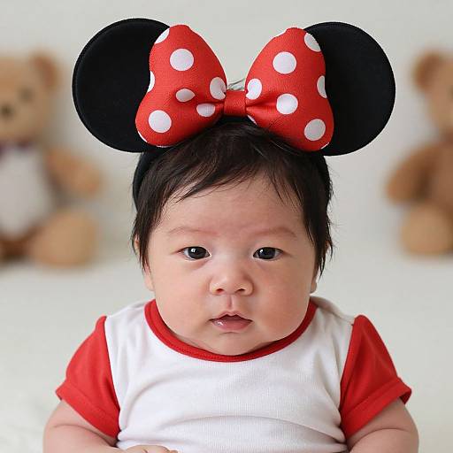 Photograph of a baby with black hair wearing a red polka-dot Minnie Mouse bow, black ears, white and red shirt, with blurred ted