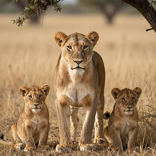 Lioness with Two Cubs in Dry Grass