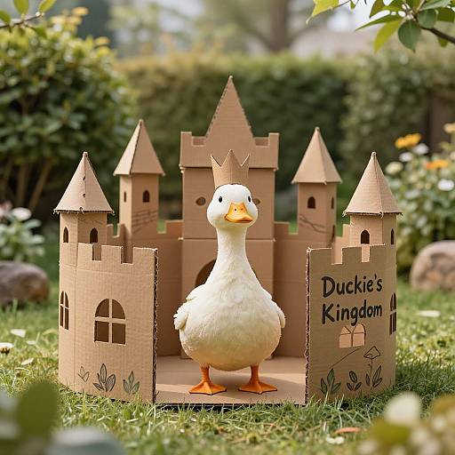 Photograph of a white duck standing in front of a cardboard castle with 