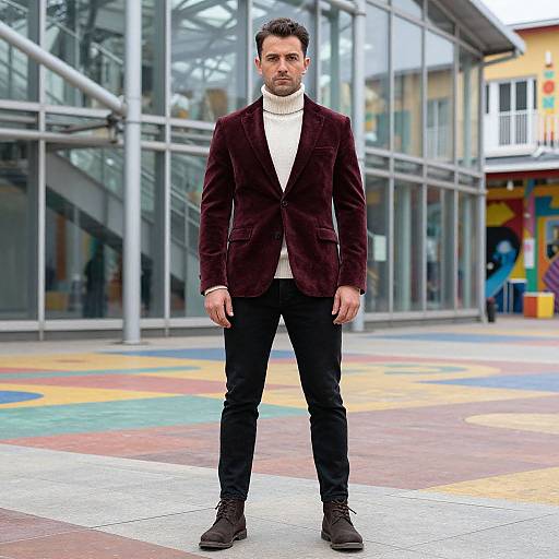 Photograph of a man with short dark hair, medium build, wearing a maroon velvet blazer, white turtleneck, black pants, and