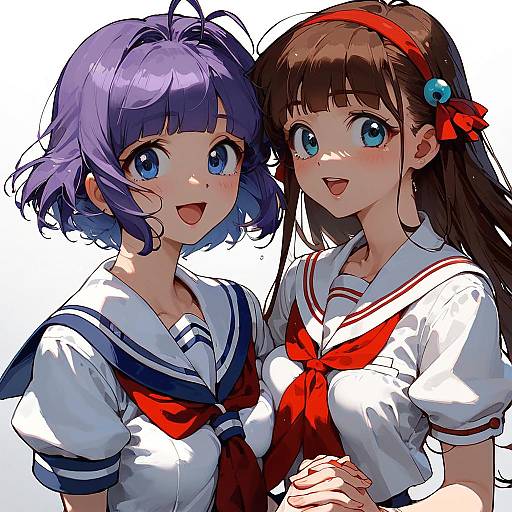Two Anime School Girls in Sailor Uniforms Holding Hands