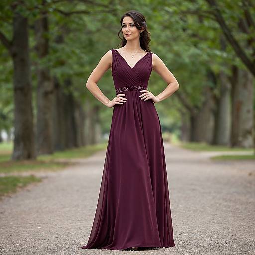 Photograph of a slender woman with dark hair, wearing a deep burgundy, V-neck, floor-length gown, standing confidently on a tree-lined path