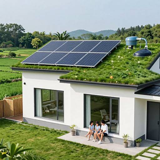 Photograph of a modern white house with solar panels and a grass roof, three people sitting outside, lush green garden, blue water tank, and mountains