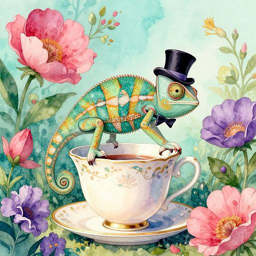 Digital illustration of a chameleon in a black top hat and bowtie, standing on a floral teacup, surrounded by vibrant pink, purple,