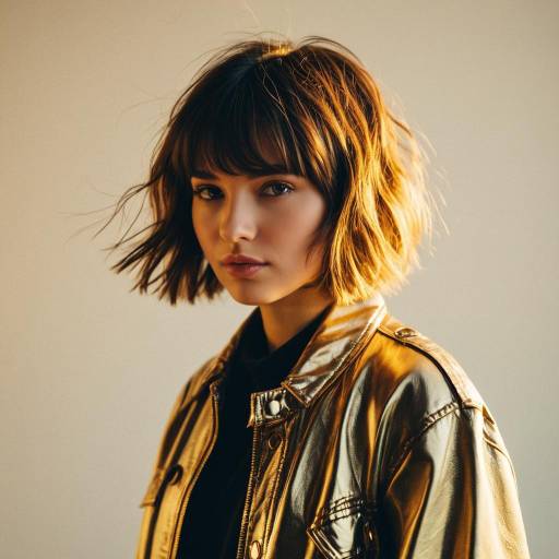 Young Woman with Choppy Bob Hairstyle and Trendy Jacket