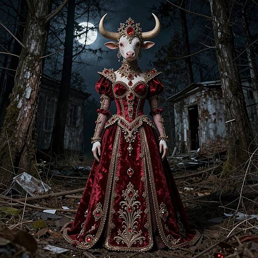 Digital art of a horned, white-faced cow in an ornate red velvet gown with gold embroidery, standing in a dark, abandoned forest.