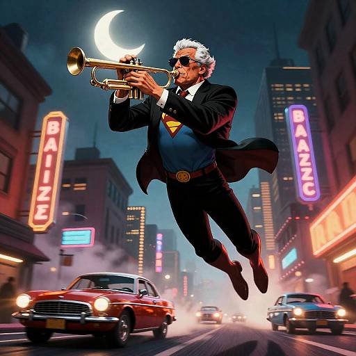 Elderly Jazz Trumpeter Superhero Soaring