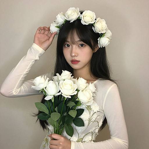 Photograph of an East Asian woman with long black hair, wearing a white floral crown and long-sleeve white dress, holding a bouquet of white
