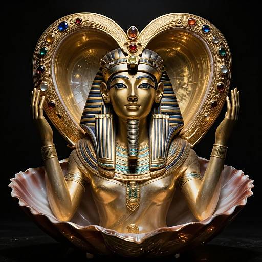 Photorealistic digital artwork of a golden goddess statue with Egyptian headdress, striped headpiece, adorned with jewels, holding ornate frame, seated in