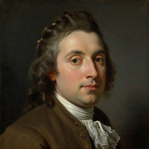Photorealistic painting of a Caucasian man with curly dark hair, fair skin, and brown eyes, wearing a brown coat and white cravat,