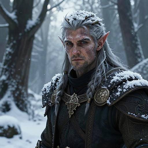 Realistic Half-Elf Druid in Winter Forest