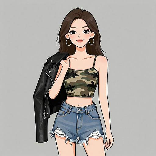 Digital drawing of a smiling young woman with long brown hair, wearing a camo crop top, blue frayed denim shorts, and a black leather jacket