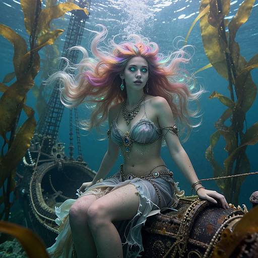 Underwater photograph of a mermaid with flowing red and white hair, wearing a seashell bikini and gold jewelry, sitting on a rusted ship