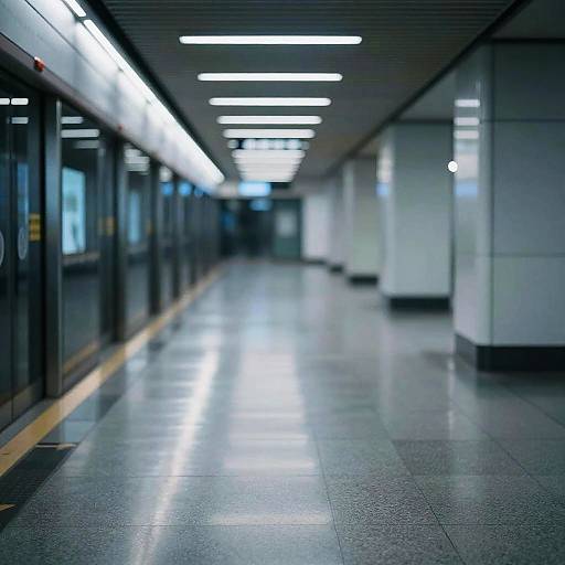 Photograph of a modern, empty subway station with glossy tiled floors, fluorescent ceiling lights, black and white walls, and a train on the left.