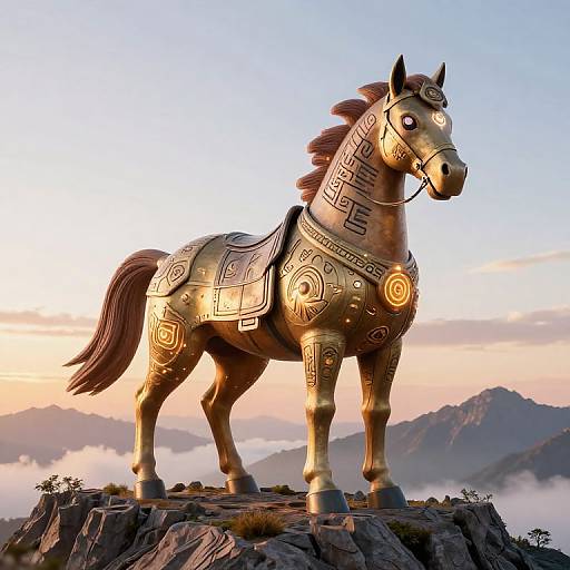 Photorealistic CGI of a golden, intricately patterned, standing horse statue with glowing purple eyes, set on a rocky mountain peak at sunset.