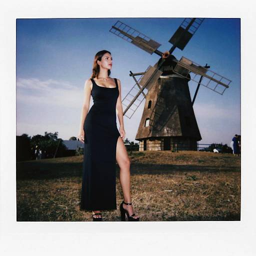 Photograph of a slender woman in a black, sleeveless, high-slit dress, standing in front of a large, rustic windmill under a