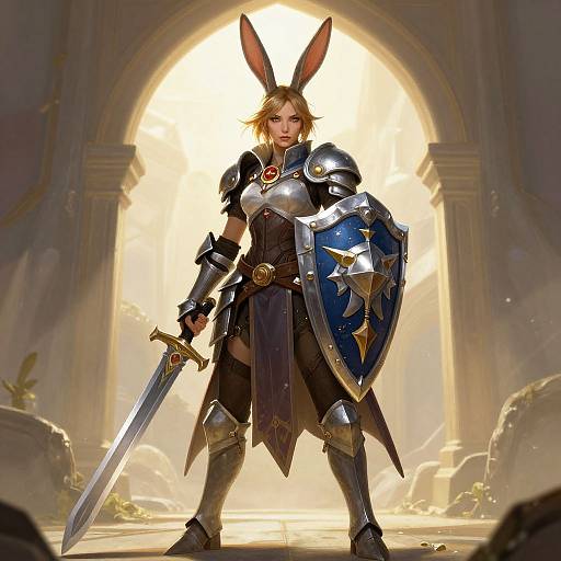 Digitally illustrated warrior with bunny ears, wearing silver armor, holding sword and shield, stands in sunlit ancient archway, radiating strength.