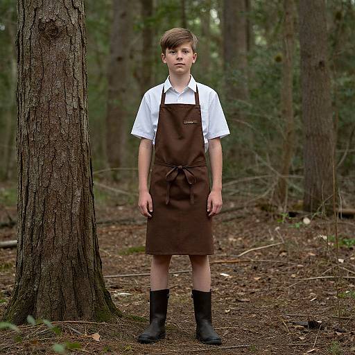 Photograph of a young boy with light brown hair, wearing a white shirt, brown apron, and black boots, standing in a forest.