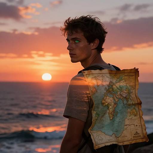 Photograph of a curly-haired man with green eyes, wearing a gray shirt, standing at sunset with a map on his back. Ocean and orange sky