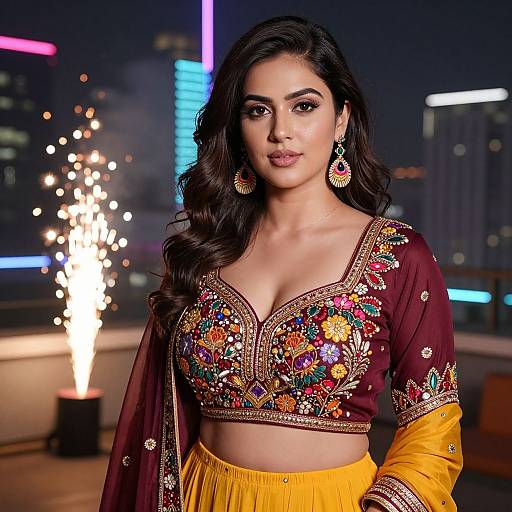 Photograph of a beautiful South Asian woman with long dark hair, wearing an ornately embroidered maroon and yellow traditional outfit, standing in a cityscape