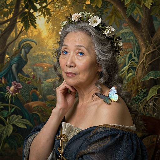 Photograph of an elderly woman with blue eyes, gray curly hair adorned with white flowers, wearing a dark off-shoulder dress, against a vibrant