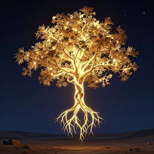 Photograph of a glowing, golden tree with illuminated leaves and roots against a dark night sky, standing in a desert landscape.