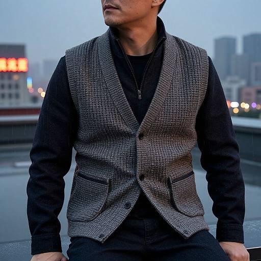 Photograph of a man in a grey herringbone vest over a black shirt, seated on a rooftop at dusk, cityscape blurred in the background