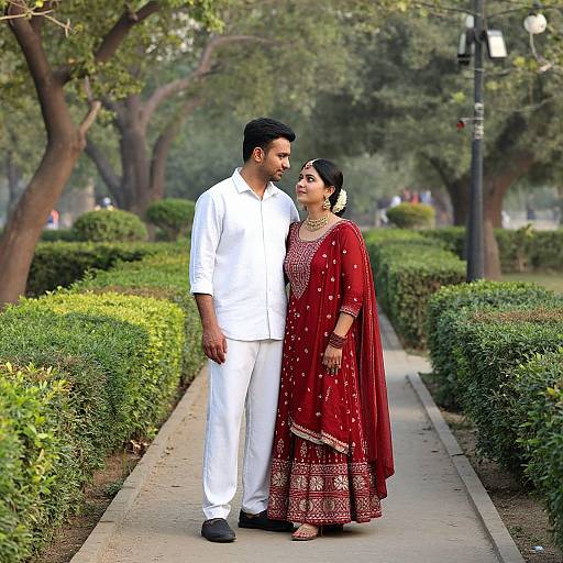 Photograph of a South Asian couple in a park; he wears white traditional attire, she in a red embroidered sari, standing on a pathway with