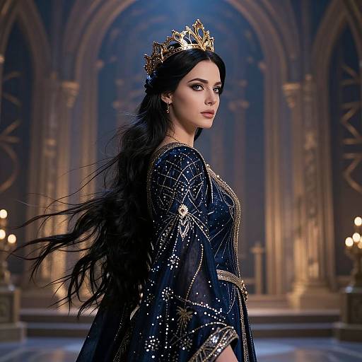 Regal Woman in Ornate Blue Gown and Crown