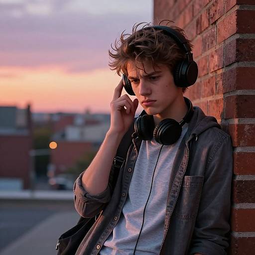 Annoyed Teenager with Headphones at Sunset