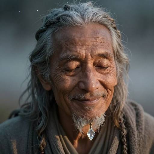 Photograph of an elderly man with long, gray hair, closed eyes, and a gentle smile, wearing a brown robe and a diamond-shaped pendant,